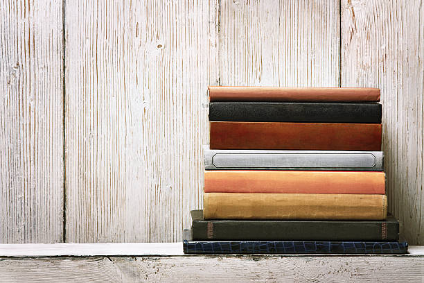 old book shelf blank spines cover, wood texture background, knowledge