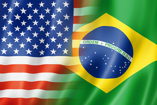 Mixed USA and Brazil flag, three dimensional render, illustration