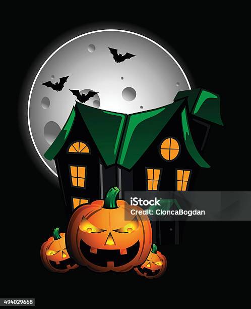 Pumpkins And Haunted House Stock Illustration - Download Image Now - 2015, Animal Markings, Autumn