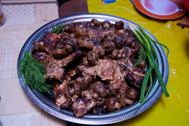 istock mushrooms and meat in plate 494029924