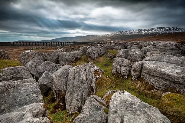 A wide angle view of the longest and most famous viaduct on the trans-Pennine Settle to Carlisle Railway (between the counties of North Yorkshire and Cumbria). The peak of Whernside is on the right of the image. sRGB embedded colour profile.