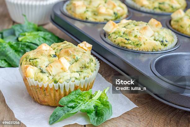 Freshly Baked Snack Muffins With Spinach And Feta Cheese Stock Photo - Download Image Now