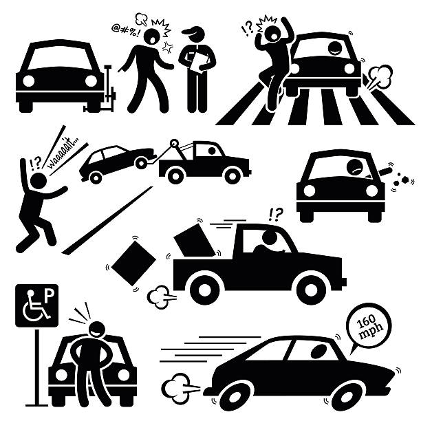 Bad Car Driver Furious Driving Pictogram An angry man scolding a police traffic who clamp his car. A reckless driver is speeding on zebra crossing and almost hit a pedestarian. He also throw out rubbish from his car and park his car on a handicap parking ignoring the sign. car boot stock illustrations