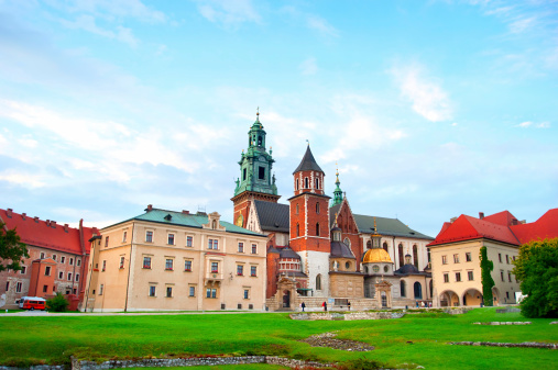 View of a Wawel Castle at colorful dusk in Krakow, Poland