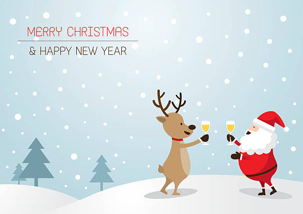Santa Claus and Reindeer Drinking Champagne, Background Merry Christmas and Happy New year day drinking stock illustrations