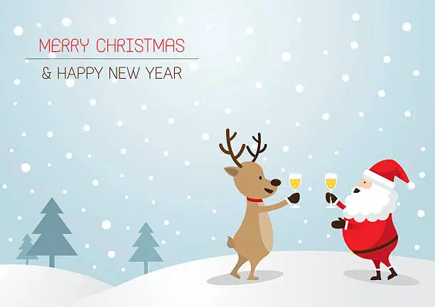 Vector illustration of Santa Claus and Reindeer Drinking Champagne, Background