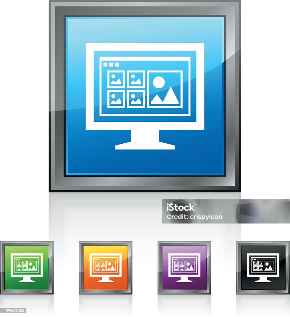 Computer Monitor icon on square buttons. - SquaredSeries Illustration includes a white, Computer Monitor icon on blue, green, orange, purple, and black square shape, color buttons on a white background. 2015 stock vector