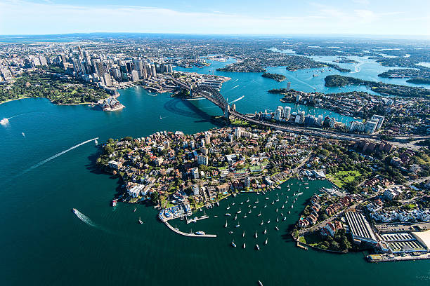 Aerial View of Sydney Harbor in Australia Aerial view of Sydney Harbor and Kirribilli Peninsula in Australia. sydney harbor photos stock pictures, royalty-free photos & images