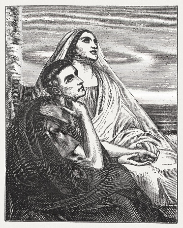 St. Augustine and his mother St. Monica. Woodcut engraving after a painting (1854) by Ary Scheffer (French-Dutch painter, 1795 - 1858) in the National Galery, London, published in 1881.
