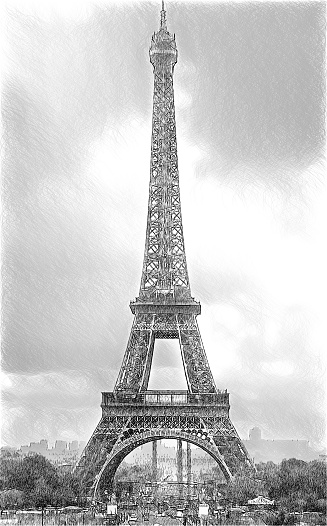 Eiffel tower, Paris. France. Digital illustration in draw, sketch, hand drawing  style