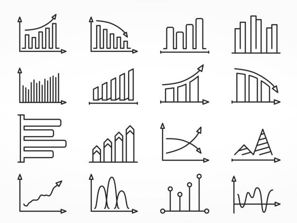 ilustrações de stock, clip art, desenhos animados e ícones de gráfico conjunto de ícones de linha - stock market graph chart arrow sign