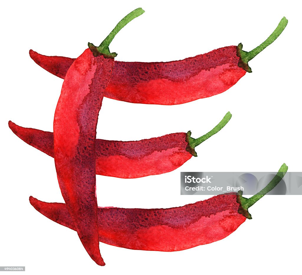 Watercolor red chili peppers. Logo, letter E Watercolor sketch vegetables, red hot chili peppers closeup isolated on white background. Logo, letter E, hieroglyph, monogram. Hand painting on paper 2015 stock illustration