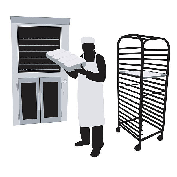 Bakery Buns Oven A vector silhouette illustration of a baker pulling fresh baked bread out of an industrial oven.  He wears a bakers hat and an apron and stands near a baking cooling rack. bread silhouettes stock illustrations