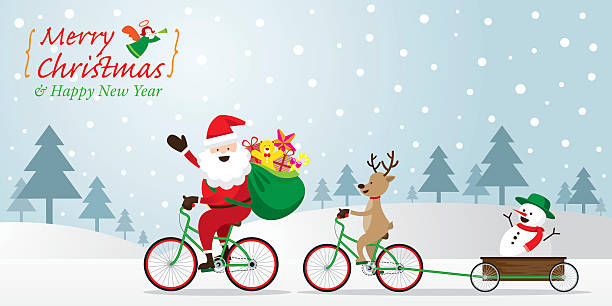 illustrations, cliparts, dessins animés et icônes de santa claus, de rennes et bonhomme de neige vélo vélos - père noel à vélo