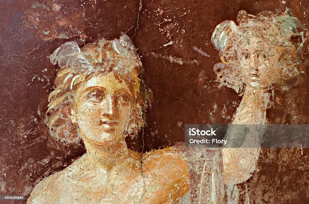 Affresco di Pompei mercurio su sfondo rosso - Foto stock royalty-free di Affresco