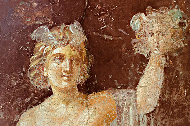 Fresco in Pompeii with Mercury on a red background