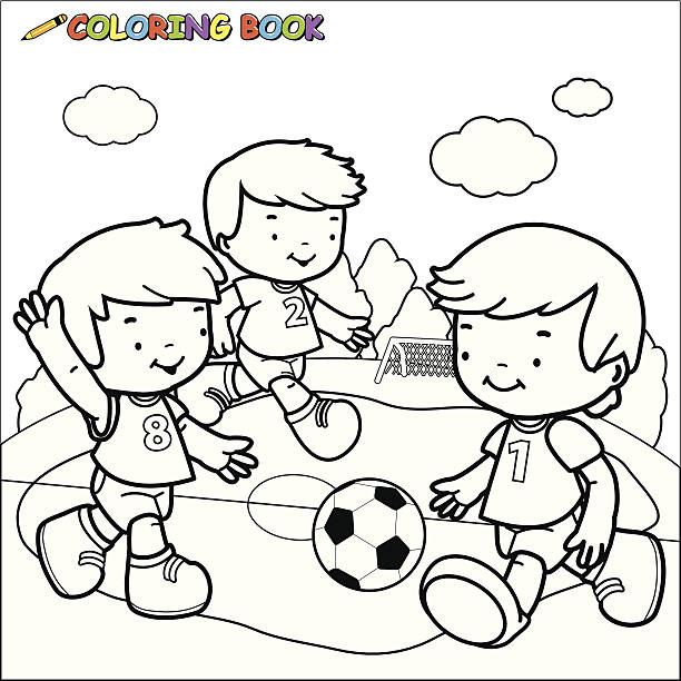 malbuch fußball spielende kinder - sports equipment team sport sport illustration and painting stock-grafiken, -clipart, -cartoons und -symbole