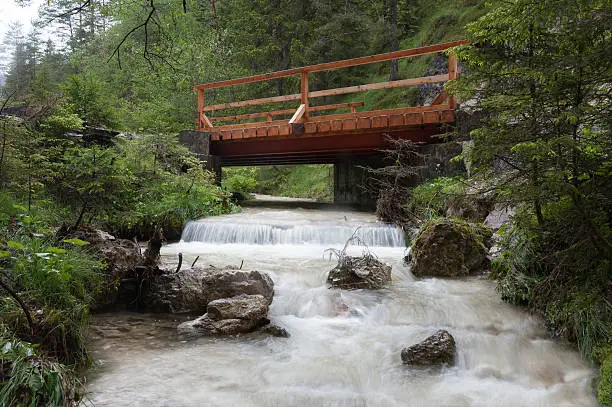 Wooden bridge over flowing water