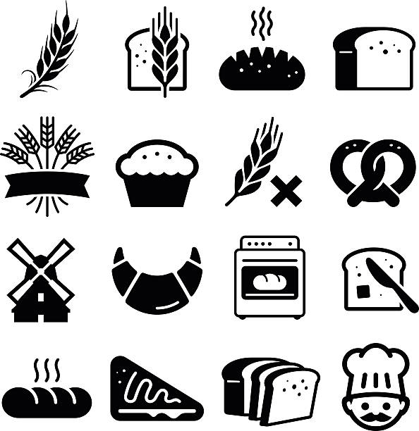 Breads And Grains Icons - Black Series Bakery and bread icon set. Professional vector icons for your print project or Web site. See more in this series. bakery silhouettes stock illustrations