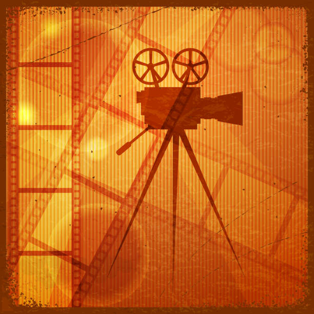 ilustraciones, imágenes clip art, dibujos animados e iconos de stock de vintage fondo naranja con la silueta de película de cámara - art movie retro revival camera