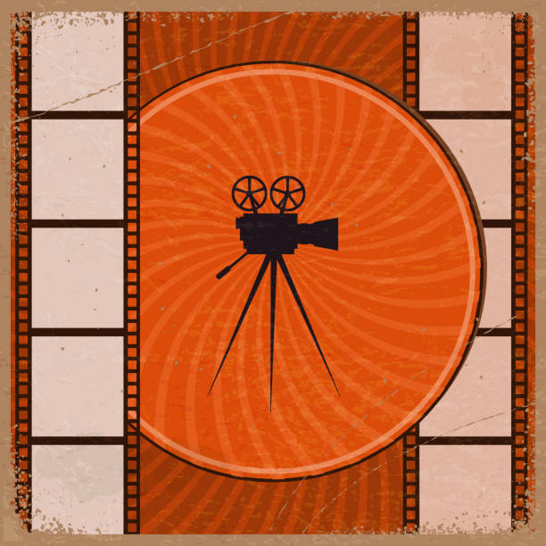 illustrazioni stock, clip art, cartoni animati e icone di tendenza di sfondo arancione vintage con la silhouette della cinepresa un - film reel photography dirty film industry