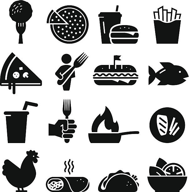 Lunch Icons - Black Series Lunch icon set. Professional vector icons for your print project or Web site. See more in this series.  meat silhouettes stock illustrations