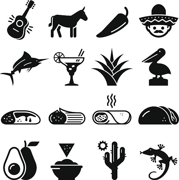 illustrations, cliparts, dessins animés et icônes de mexicaine série d'icônes-noir - guacamole avocado mexican culture food