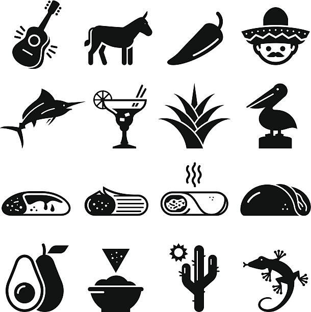 illustrazioni stock, clip art, cartoni animati e icone di tendenza di messicano serie di icone-nero - sombrero hat mexican culture isolated