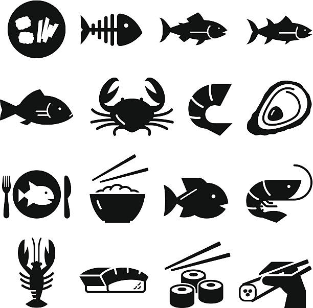 stockillustraties, clipart, cartoons en iconen met seafood icons - black series - vis