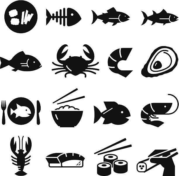 Seafood Icons - Black Series Sushi and seafood icon set. Professional vector icons for your print project or Web site. See more in this series.  seafood stock illustrations