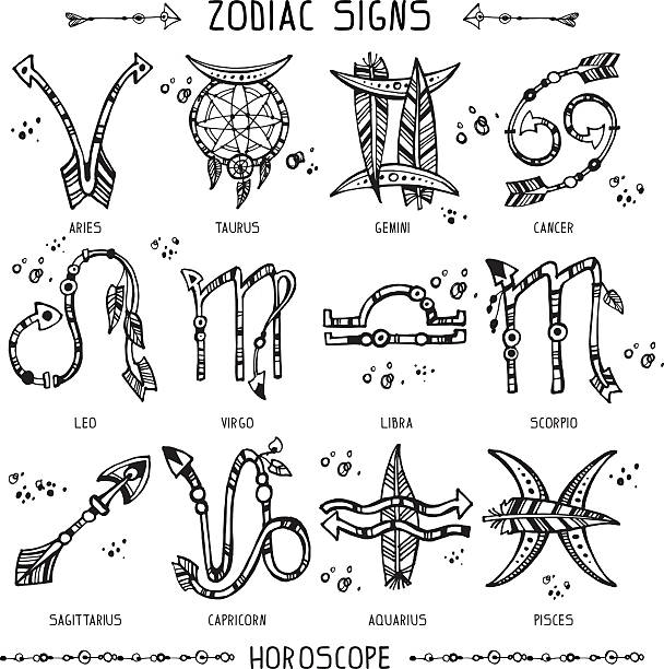 Set Of Hippie And Bohemian Style Hand Drawn Zodiac Signs Stock Illustration  - Download Image Now - iStock