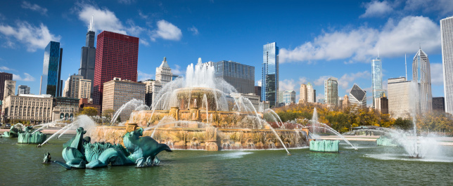 Chicago cityscape from the Clarence Buckingham Memorial Fountain in Illinois USA