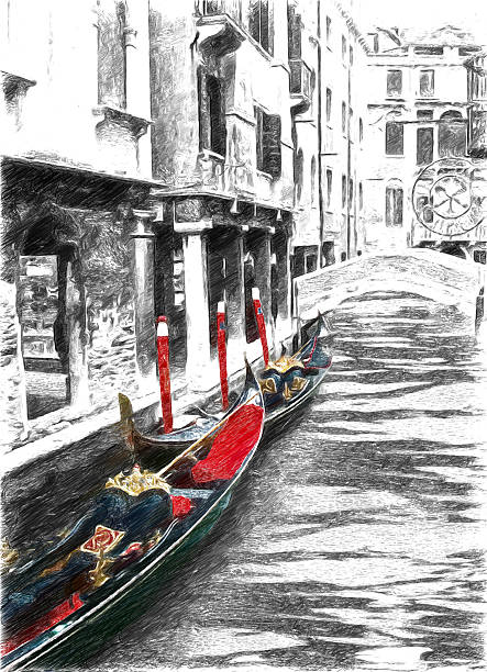istock Gondolas on Venice. Black and white pictures with red elements 494057182