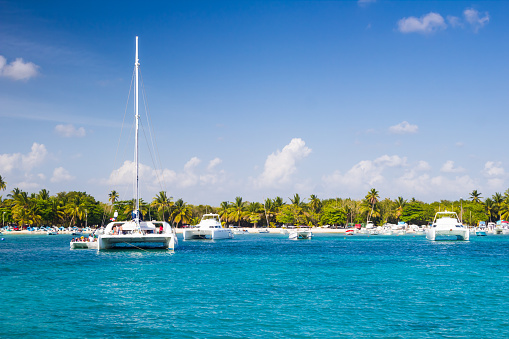 Catamarans landing in the harbor of tropical beach in Bayahibe, Dominican Republic