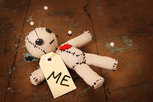 Voodoo Doll Marked "Me" Cute handmade Voodoo Doll (made completely by me) with label marked "Me" self harm photos stock pictures, royalty-free photos & images
