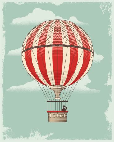 Vintage Retro Hot Air Balloon. Textured vector design background with cloud formation.