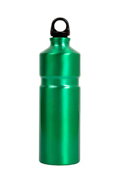 A green waterbottle of the type used by climbers, walkers and campers.