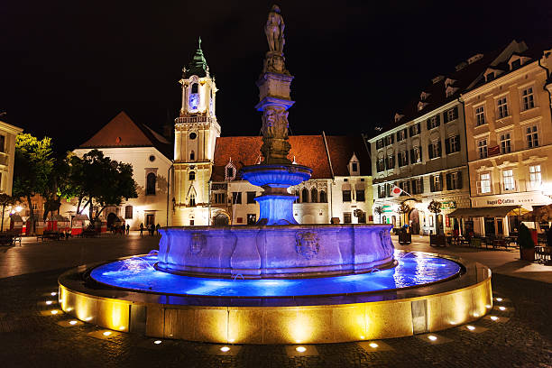 Bratislava, Slovakia - September 23, 2015: Roland Fountain at Main Square (Hlavne namestie) in Bratislava Old Town in night. Fountain construction was ordered in 1572 to provide public water supply