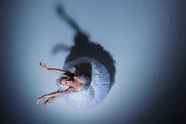 top view of the ballerina  in the role of a white swan on blue background