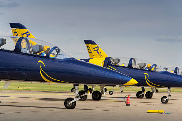 Baltic Bees Jet Team with L-39 Albatros planes on runway Hradec Kralove, Czech republic - September 5, 2015 Baltic Bees Jet Team with Aero L-39 Albatros planes standing on a runway at the CIAF - Czech international air fest on September 5, 2015 in Hradec Kralove, Czech republic. aero l 39 albatros stock pictures, royalty-free photos & images