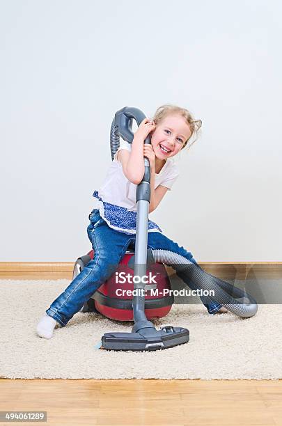 Cute Little Girl Having Fun During House Cleaning Stock Photo - Download Image Now - Activity, Appliance, Blond Hair