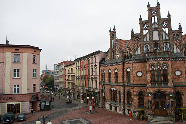 Chorzow, Poland - October 6, 2009: Historic building built in neo-ghotic style in XIX century. Until today it is post office situated near Wolnosci street, famous pedestrian zone in Chorzow, Poland.