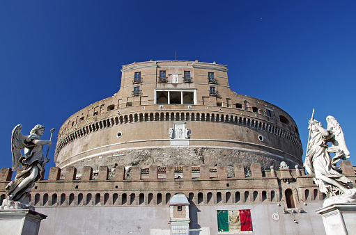 Rome, Italy- March 08, 2011: The Mausoleum of Hadrian, known as Castle of the Holy Angel is a cylindrical tower in Rome. The castle was used as a fortress and castle for the popes. Today is a museum.