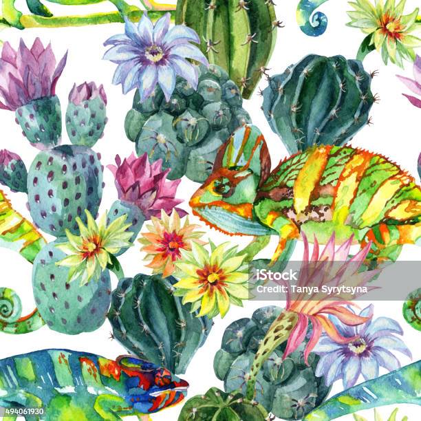 Watercolor Seamless Cactus Pattern Stock Illustration - Download Image Now - 2015, Animal, Animal Markings