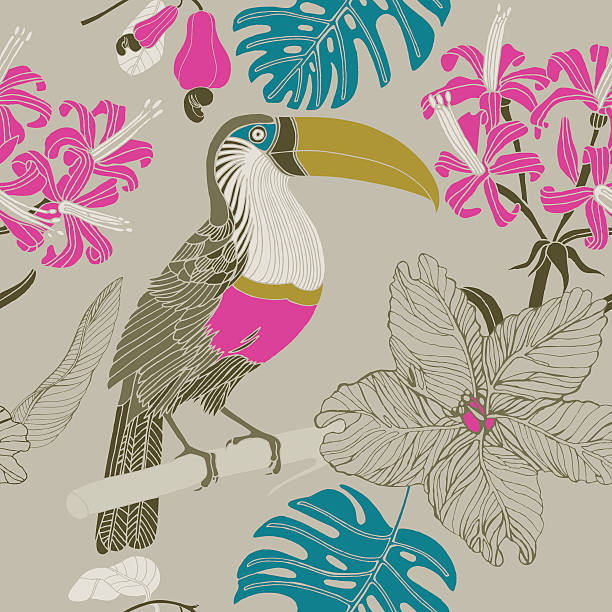 illustrazioni stock, clip art, cartoni animati e icone di tendenza di motivo floreale tropicale senza soluzione di continuità sfondo con tucano uccello. - hawaiian culture hibiscus print pattern