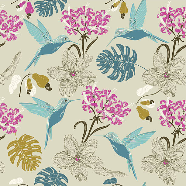 Exotic hummingbird and tropical flowers. Exotic hummingbird and tropical flowers. Vector. hummingbird watercolor stock illustrations
