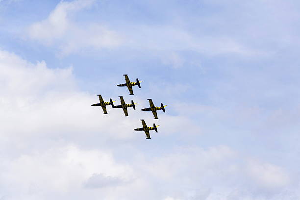 Baltic Bees Jet Team flying with Aero L-39 Albatros planes Hradec Kralove, Czech republic - September 5, 2015: Baltic Bees Jet Team flying Baltic Bees Jet Team flying with Aero L-39 Albatros planes at the CIAF - Czech international air fest on September 5, 2015 in Hradec Kralove, Czech republic. aero l 39 albatros stock pictures, royalty-free photos & images