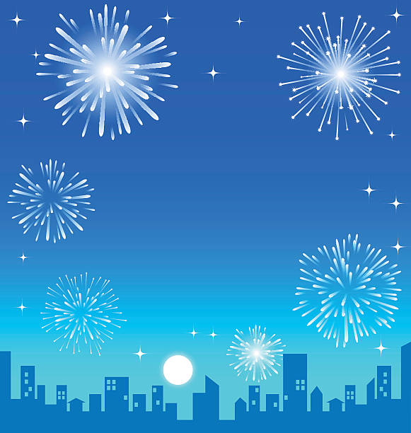 illustrazioni stock, clip art, cartoni animati e icone di tendenza di fuochi d'artificio sopra la città di notte - firework display pyrotechnics exploding star
