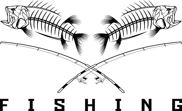 ilustrações de stock, clip art, desenhos animados e ícones de emblema de pesca vintage com o esqueleto de baixo - wild striped bass