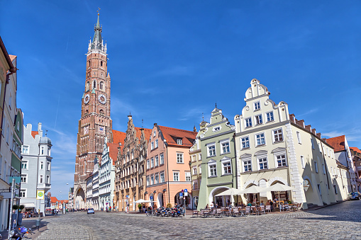 Colorful houses and Cathedral of St. Martin in Landshut, Bavaria, Germany